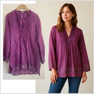 Matta Silk Tunic Top Magenta Floral Paisley Boho India Print 100% Silk Size M